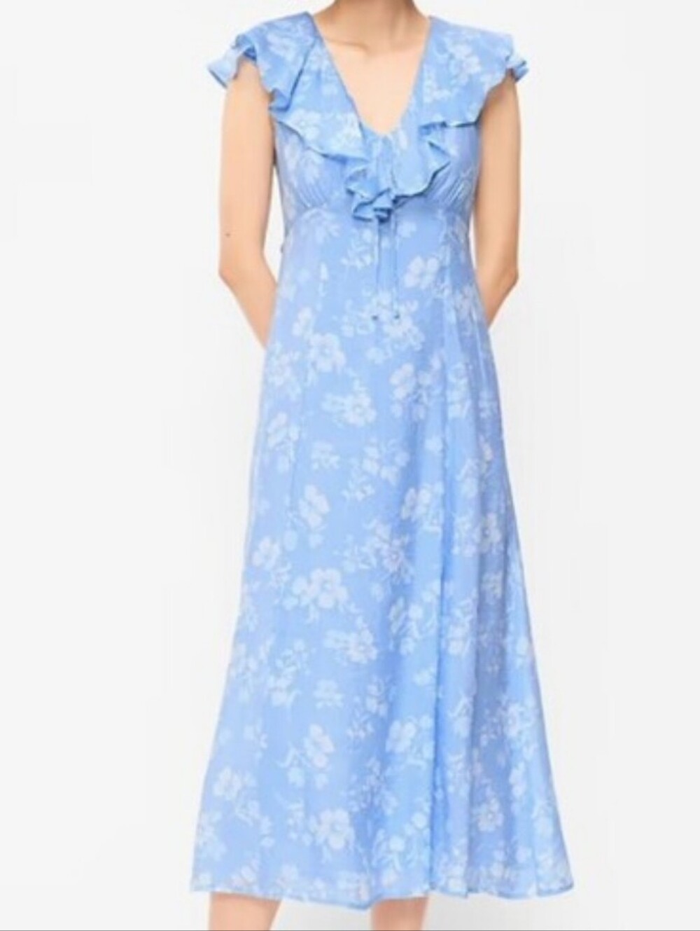 NWT - Old Navy Ruffle Sleeve Fit & Flare Blue Floral Midi Dress - Size M Tall